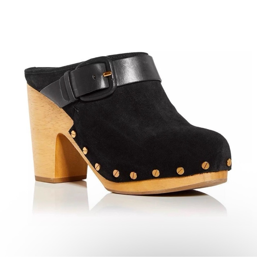 NEW Veronica Beard Black Suede Darcy Mule/Clog Wood Platform Gold Studs